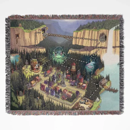 Gravity Falls Town Map woven tapestry throw blanket, featuring vintage wall art and cozy room decor, ideal as a perfect gift for Gravity Falls fans.