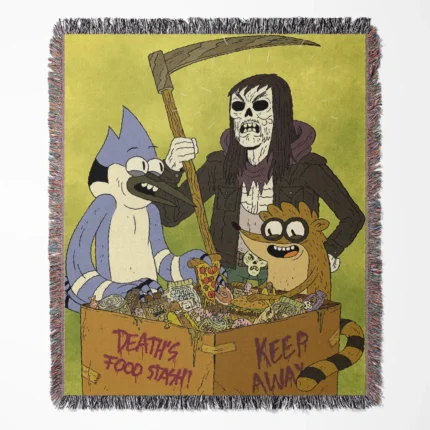 Regular Show woven tapestry throw blanket, designed with bright wall art and cozy home decor, perfect as a collectible item for fans of the show.