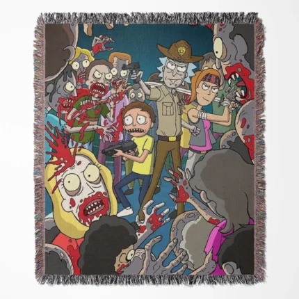Rick and Morty woven tapestry throw blanket, featuring retro wall rug design and fun room decor, making it the perfect gift for Rick and Morty fans.