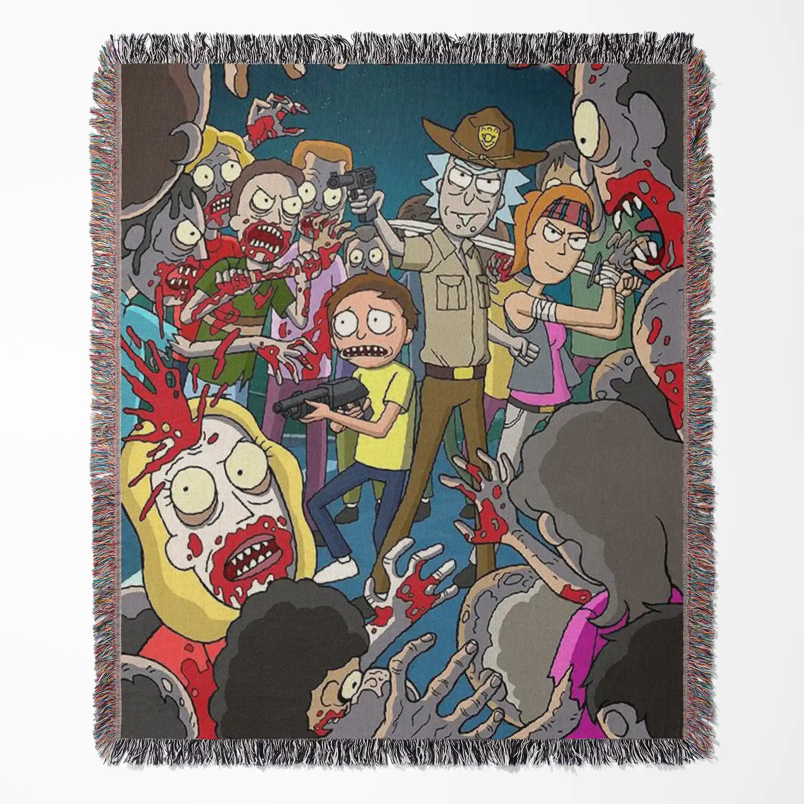 cartoon-woven-tapestry-throw-blanket-199 Rick and Morty woven tapestry throw blanket, featuring retro wall rug design and fun room decor, making it the perfect gift for Rick and Morty fans.