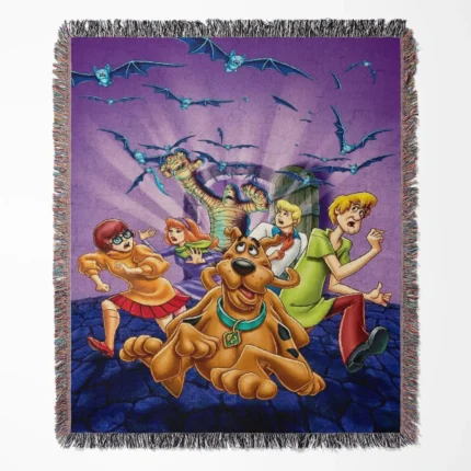 Scooby woven tapestry throw blanket, featuring retro wall art and cozy room decor, perfect as a collectible accent for Scooby-Doo fans.