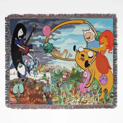 Adventure Time woven tapestry throw blanket, offering vibrant wall art and cool room decor, making it a perfect gift for Adventure Time fans.