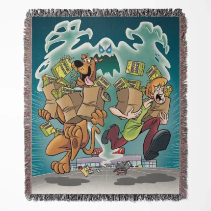 Scooby woven tapestry throw blanket, featuring vintage wall art and bright home decor, making it a perfect collectible for Scooby-Doo fans.