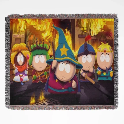 South Park woven tapestry throw blanket, designed with retro wall art and cool room decor, ideal as a collectible accent for South Park fans.