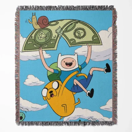 Finn woven tapestry throw blanket, designed with cool wall rug and unique room decor, ideal as a perfect gift for Adventure Time fans.