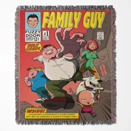 Family Guy Comic Cover woven tapestry throw blanket, offering vintage wall rug design and home decor, ideal as a cool collectible for Family Guy fans.