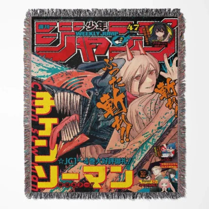 Chainsaw Man woven tapestry throw blanket, bold wall art and room decor, perfect as a gift for Chainsaw Man fans who love the unique aesthetic of the series.