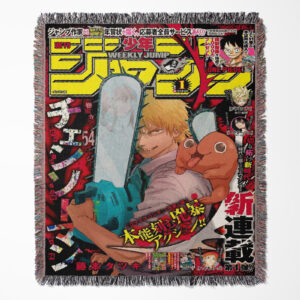 Chainsaw Man woven tapestry throw blanket, bold wall art and room decor, ideal as a gift for Chainsaw Man fans.