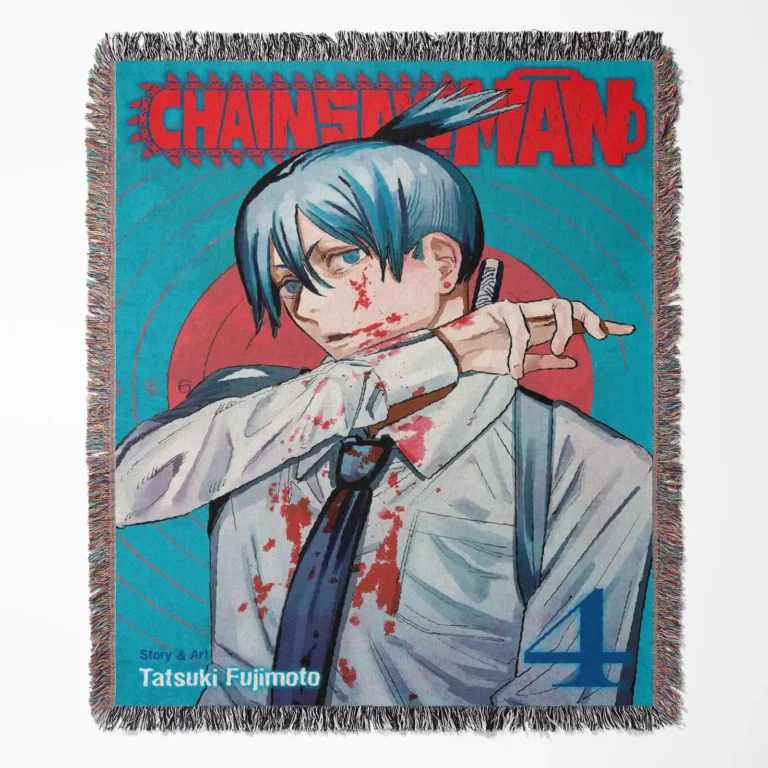 CSM Aki Hayakawa woven tapestry throw blanket, collectible merchandise and room decor, perfect for displaying Aki Hayakawa’s fierce character from Chainsaw Man.