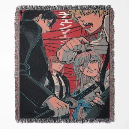 CSM woven tapestry throw blanket, minimalist wall art and room decor, a collectible accent for Chainsaw Man fans looking to add unique decor to their space.