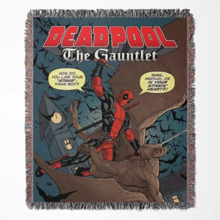 Deadpool Comic Cover woven tapestry throw blanket, designed with unique wall art and bright room decor, perfect as a collectible accent for Deadpool fans.