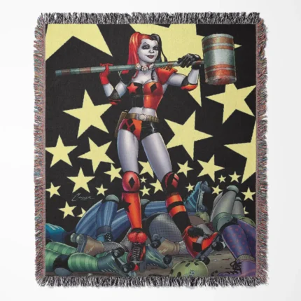 Harley Quinn woven tapestry throw blanket, featuring colorful wall art and unique room decor, ideal for collectors and fans of Harley Quinn.