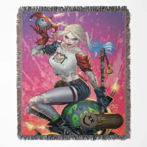 Harley Quinn woven tapestry throw blanket, designed with a retro wall rug and fun room decor, making it the perfect gift for Harley Quinn fans.