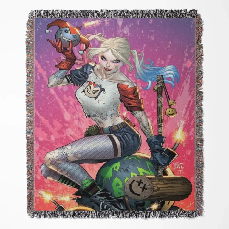 Harley Quinn woven tapestry throw blanket, designed with a retro wall rug and fun room decor, making it the perfect gift for Harley Quinn fans.