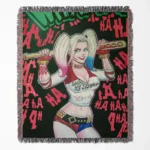 Harley Quinn woven tapestry throw blanket, offering bright wall art and cozy room decor, making it a perfect collectible accent for Harley Quinn fans.