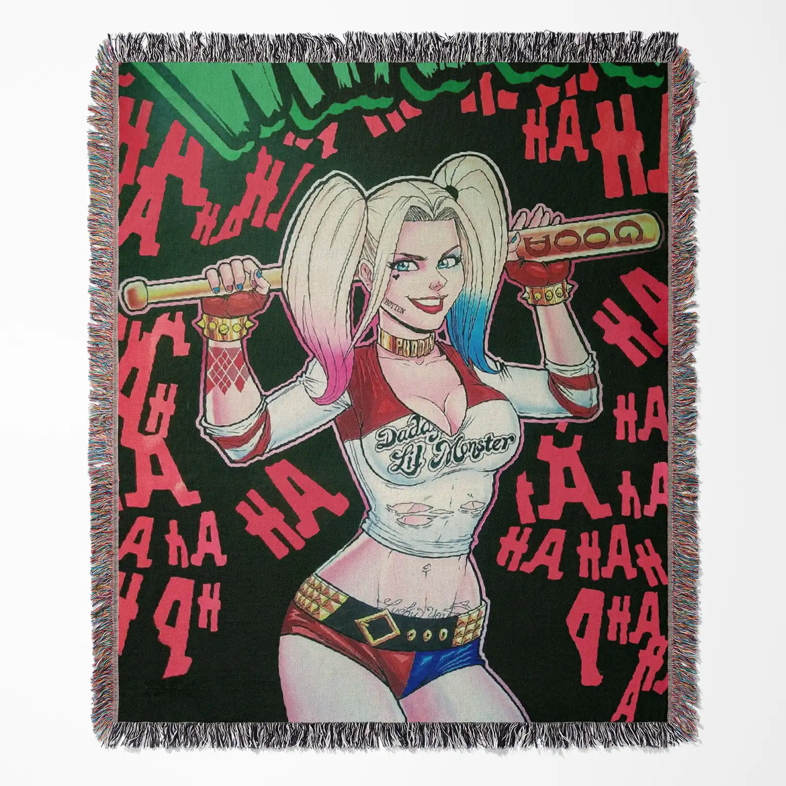 comic-woven-tapestry-throw-blanket-145 Harley Quinn woven tapestry throw blanket, offering bright wall art and cozy room decor, making it a perfect collectible accent for Harley Quinn fans.