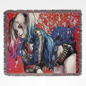 Harley Quinn woven tapestry throw blanket, featuring fun wall art and cool room decor, perfect for collectors and fans of the iconic DC character.