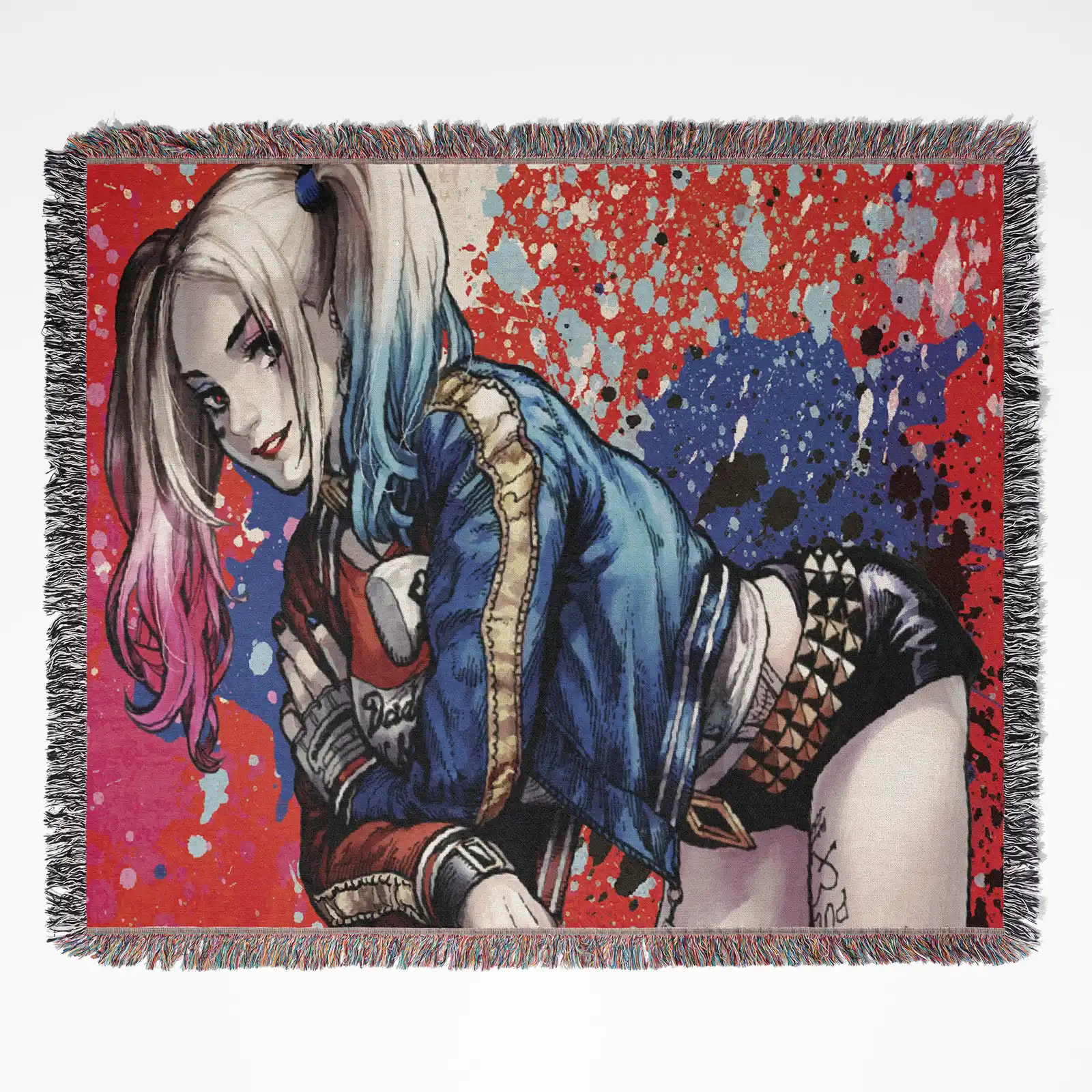 comic-woven-tapestry-throw-blanket-157 Harley Quinn woven tapestry throw blanket, featuring fun wall art and cool room decor, perfect for collectors and fans of the iconic DC character.