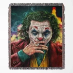Joker woven tapestry throw blanket, offering bright wall art and cozy room decor, making it a perfect collectible accent for Joker fans.
