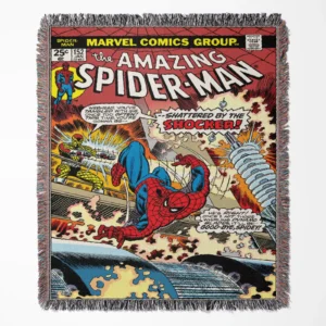 Spider Comic Cover woven tapestry throw blanket, designed as a retro wall rug and unique room decor, making it a perfect gift for comic book fans.