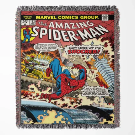 Spider Comic Cover woven tapestry throw blanket, designed as a retro wall rug and unique room decor, making it a perfect gift for comic book fans.