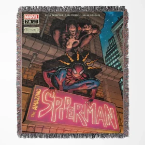 Spider woven tapestry throw blanket, featuring retro wall art and bright room decor, making it an excellent collectible accent for Spider-Man fans.