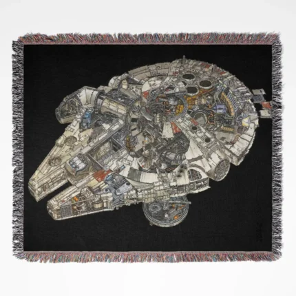 Millennium Falcon woven tapestry throw blanket, offering stylish wall art and unique room decor, ideal for collectors and fans of Star Wars.
