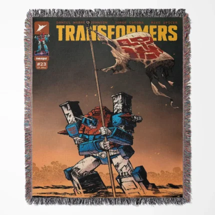 Transformers Comic Cover woven tapestry throw blanket, designed as a retro wall rug and cool room decor, making it the perfect gift for Transformers fans.