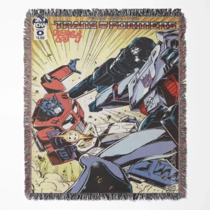 Transformers Comic Cover woven tapestry throw blanket, offering retro wall art and cool room decor, ideal for collectors and fans of the comic.