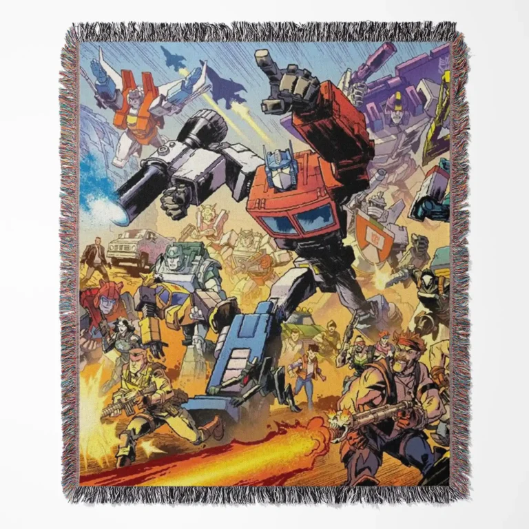 Transformers woven tapestry throw blanket, designed as stylish wall art and unique room decor, ideal for collectors and fans of the comic.