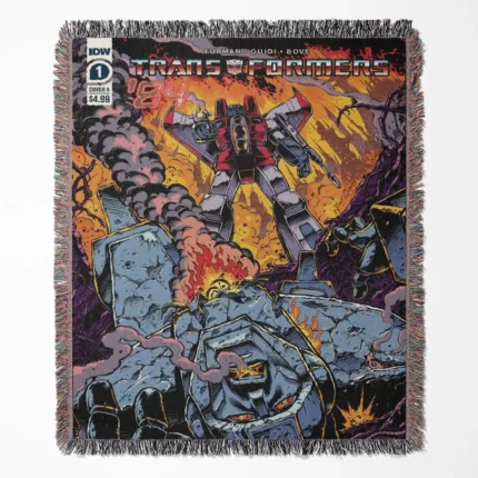 Trans Robot Comic Cover woven tapestry throw blanket, featuring retro wall rug design and stylish room decor, perfect as a gift for comic enthusiasts.