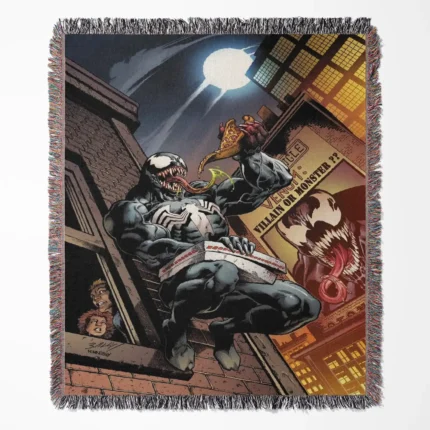 Venom woven tapestry throw blanket, featuring retro wall art and cool room decor, perfect for comic book fans and collectors.