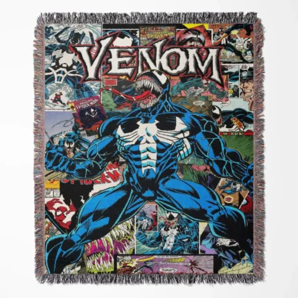 Venom Comic Cover woven tapestry throw blanket, designed as a stylish wall rug and cozy room decor, perfect as a gift for comic book fans and collectors.
