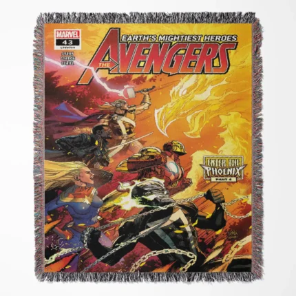 Avenger Comic Cover 2018 #43 woven tapestry throw blanket, designed as a stylish wall rug and cozy room decor, making it the perfect gift for Marvel fans.