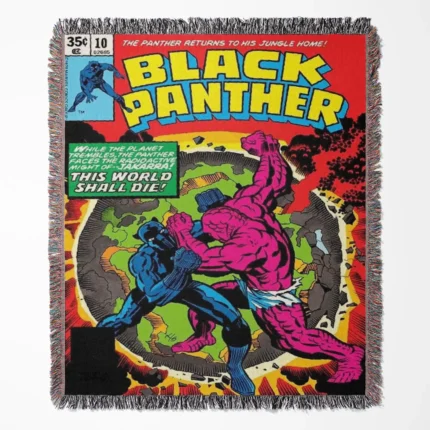 Black Panther Comic Cover woven tapestry throw blanket, designed with a retro wall rug and cool room decor, making it a perfect gift for Black Panther fans.