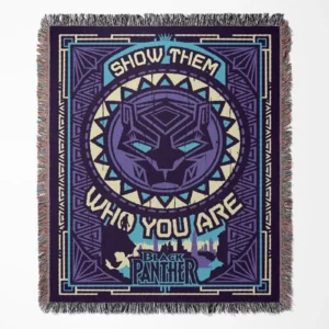 Black Panther woven tapestry throw blanket, offering fun wall art and cozy room decor, ideal as a collectible accent for Black Panther fans.