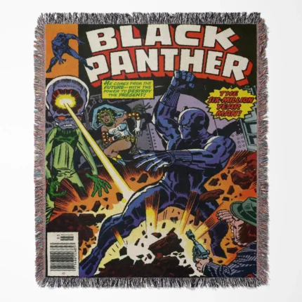 Black Panther Comic Cover woven tapestry throw blanket, offering colorful wall art and cool room decor, perfect as a collectible item for Black Panther fans.