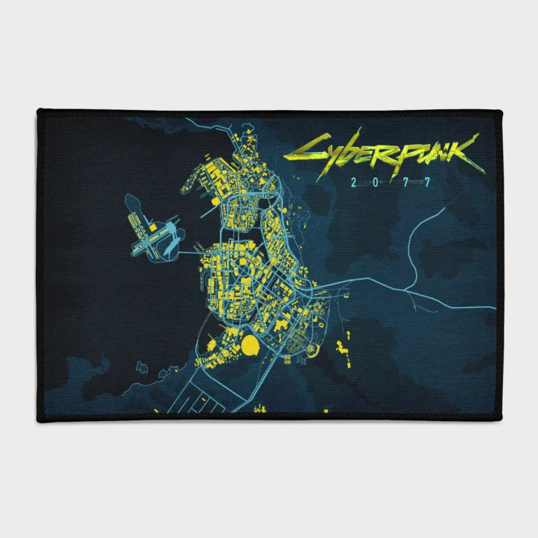 Explore the world of *Cyberpunk 2077* with this map rug. Perfect for gaming rooms or as a unique collector’s decor, it brings the sci-fi universe of the game into your space with detailed design.
