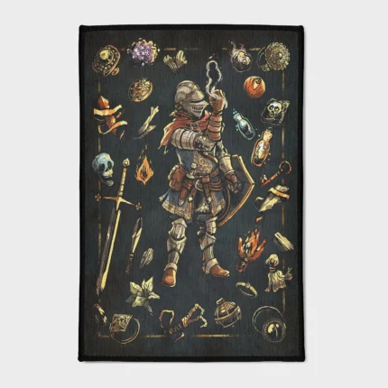 Step into a dark fantasy world with this Knight Inventory rug. Perfect for boys' rooms or as dark fantasy merch, it adds an epic RPG touch to any space, ideal for fans of the genre.