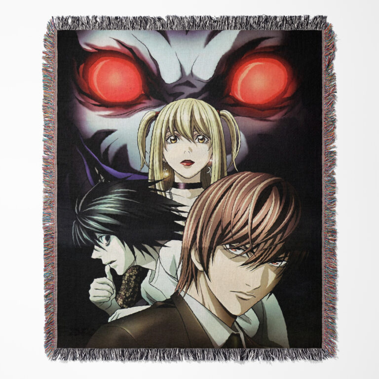 Death Note woven tapestry throw blanket, iconic wall art and room decor, ideal as a gift for fans of the Death Note anime series.