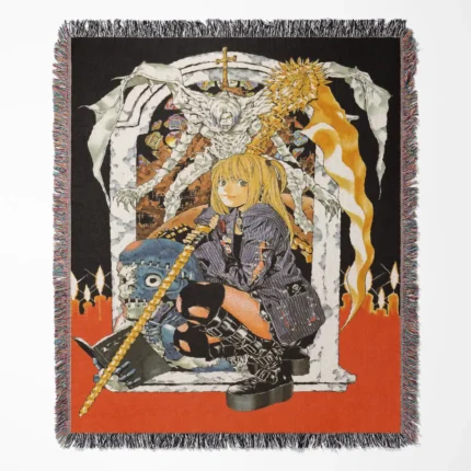 Death Note Misa And Shinigami woven tapestry throw blanket, gothic wall art and room decor, a perfect gift for Death Note fans featuring Misa Amane and the Shinigami.