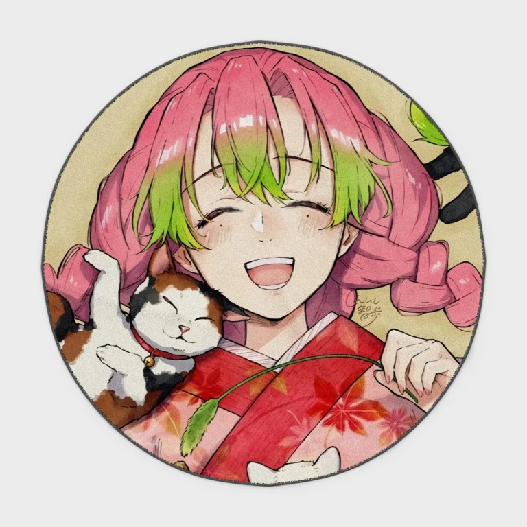 Add some cute charm to your girls' room or cozy room decor with this Mitsuri round rug. Perfect for *Demon Slayer* fans, it brings a sweet and colorful touch to any space.