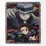 Demon woven tapestry throw blanket, unique room decor and home wall rug, a collectible gift for fans of Demon Slayer to add character to their space.