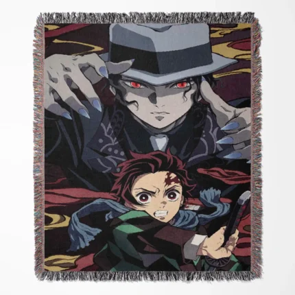 Demon woven tapestry throw blanket, unique room decor and home wall rug, a collectible gift for fans of Demon Slayer to add character to their space.