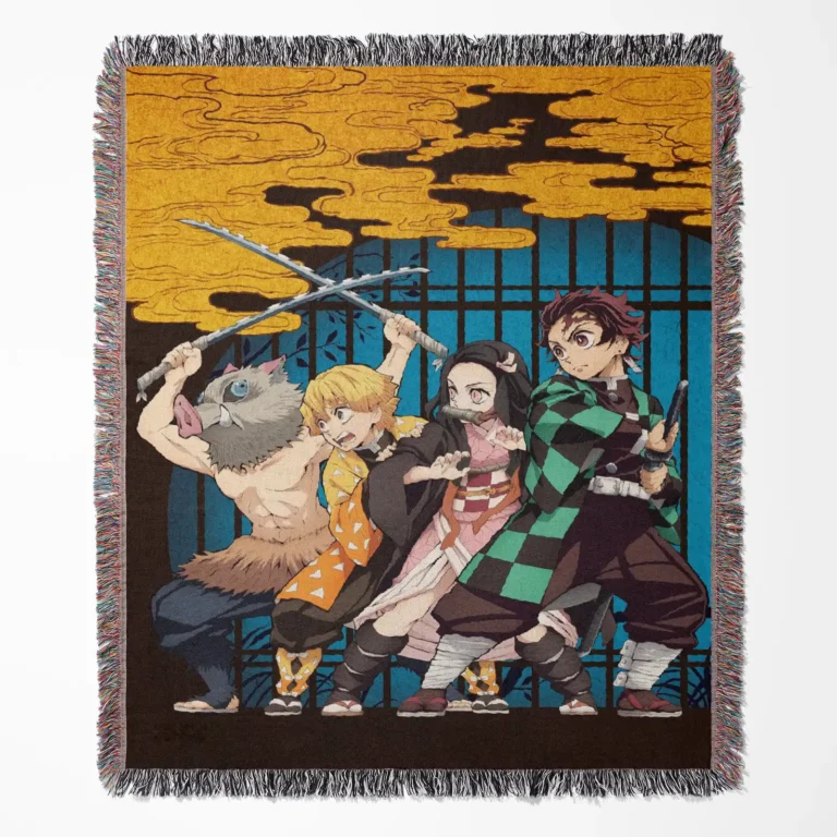Demon woven tapestry throw blanket, cozy throw and room decor, stylish interior accent for fans of Demon Slayer, perfect for a cozy room setup.