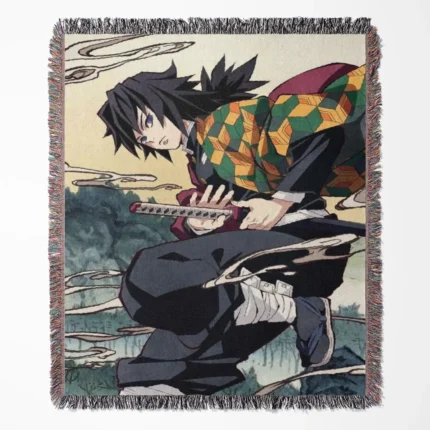 Demon Giyuu woven tapestry throw blanket, cool wall art, room decor, and a calm design accent piece for fans of Demon Slayer's Giyuu Tomioka.