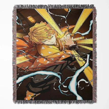 Demon Slayer Zenitsu woven tapestry throw blanket, bright wall art and room decor, vibrant home accent for fans of Zenitsu Agatsuma from Demon Slayer.