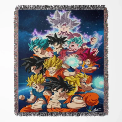 DB Goku woven tapestry throw blanket, legendary wall rug and room decor, perfect collectible gift for fans of Goku and Dragon Ball.