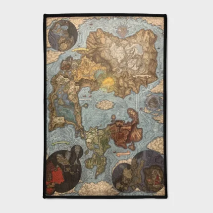 Explore the epic world of *Elden Ring* with this Lands Between map rug. Perfect for Tarnished decor, it brings the vast and mystical world of the game into your space, making it a must-have for any fan.