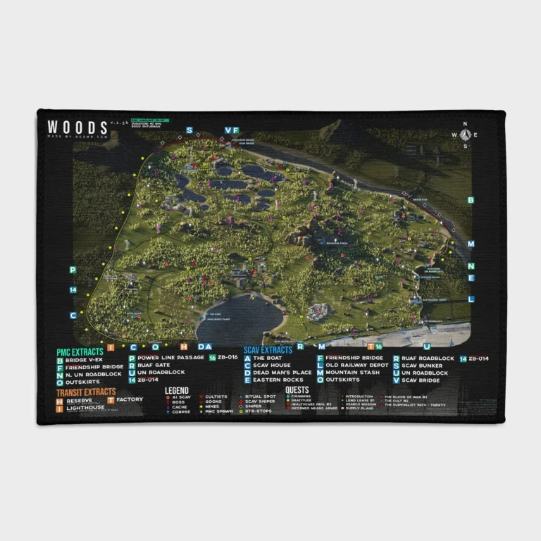 For fans of *Escape from Tarkov*, this Woods map rug is the perfect addition to your tactical setup. It adds a cool and immersive vibe to your PMC-themed room or decor.
